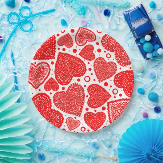 Modern Fancy Red Graphic Hearts Pattern ペーパープレート (パーティー)