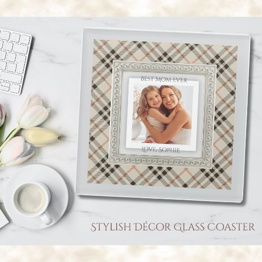 Modern Farmhouse Beige Plaid Best Mom Photo ガラスコースター