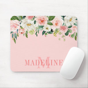 Modern Fashionable Watercolor Pink Floral Monogram マウスパッド