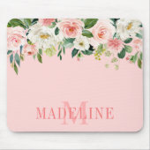 Modern Fashionable Watercolor Pink Floral Monogram マウスパッド (正面)