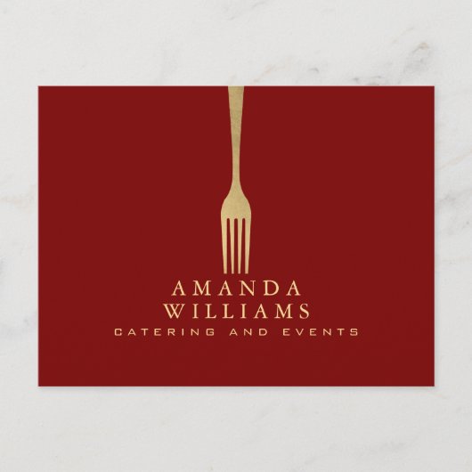 Modern Faux Gold Fork Catering Logo on Red ポストカード (正面)