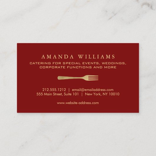 Modern Faux Gold Fork Catering Logo on Red 名刺 (裏面)