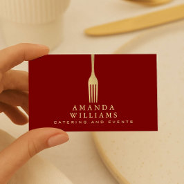 Modern Faux Gold Fork Catering Logo on Red 名刺