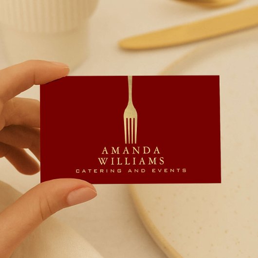 Modern Faux Gold Fork Catering Logo on Red 名刺