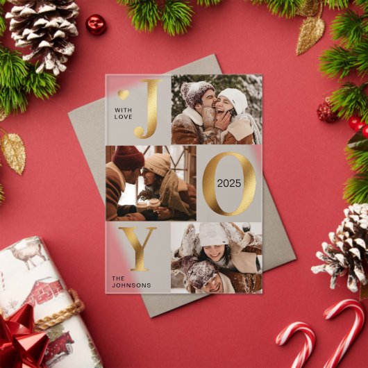 Modern Faux Gold Photo Collage Joy Christmas Card アクリル招待状 (インサイチュ (クリスマス))