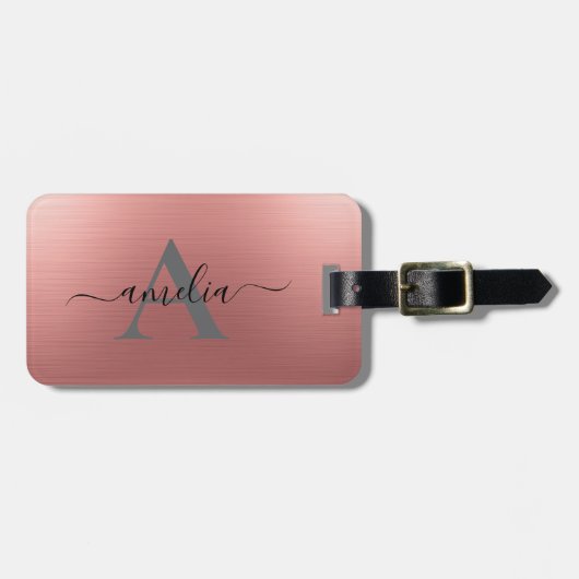 Modern Faux Rose Gold Script Monogram Personalized ラゲッジタグ (正面横)