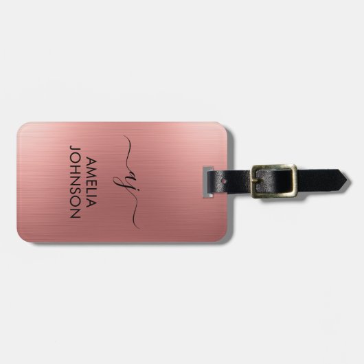 Modern Faux Rose Gold Script Monogram Personalized ラゲッジタグ (正面横)