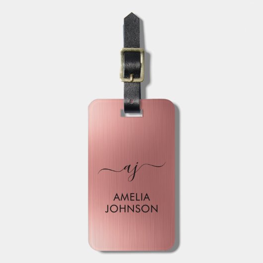 Modern Faux Rose Gold Script Monogram Personalized ラゲッジタグ (正面縦)