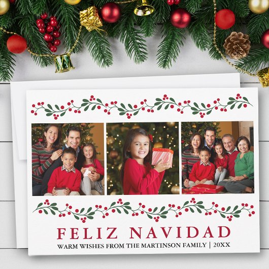 Modern Feliz Navidad Greenery Berries 3 Photo シーズンカード