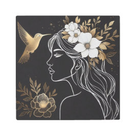 Modern Feminine Line Art with Gold Floral Crown メタルプリント