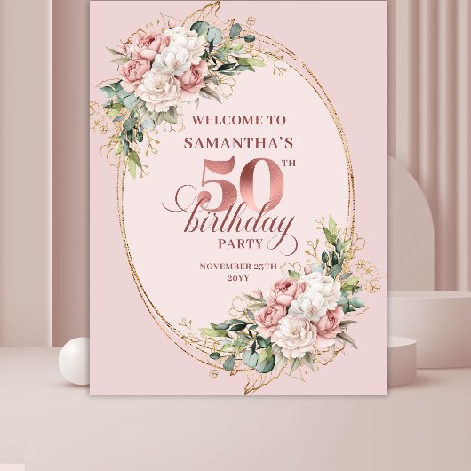 Modern Feminine Rose Gold 50th Birthday Banner タペストリー