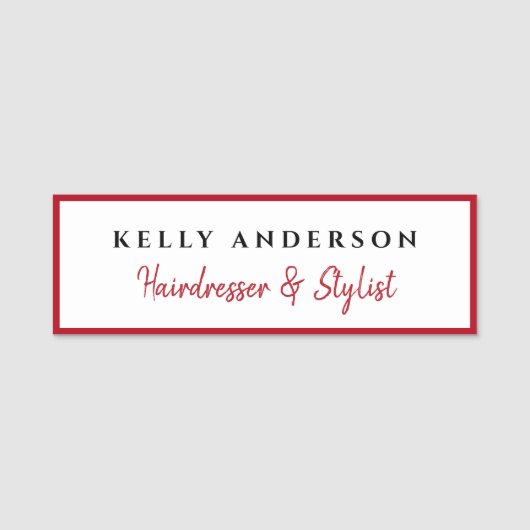 Modern Feminine White Red Border Hairdresser 名札 (正面)