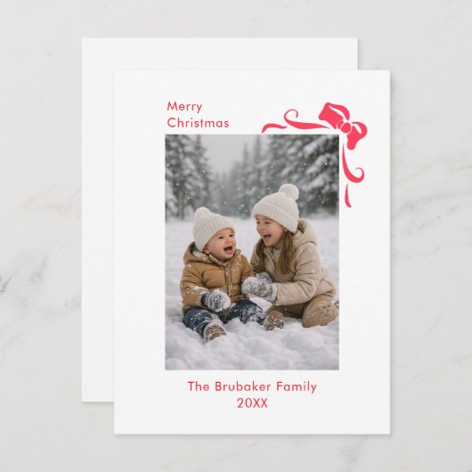 Modern Festive Red Bow Merry Christmas Photo シーズンポストカード (正面/裏面)