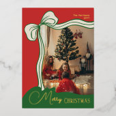 Modern Festive Red Green Photo Christmas  箔シーズンカード (正面)