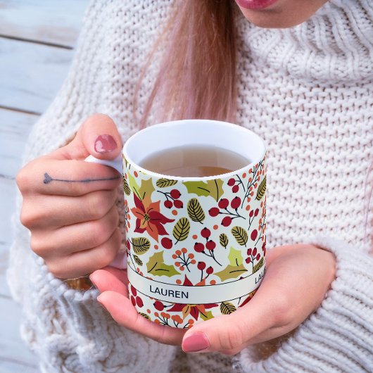 Modern Festive Red Orange Poinsettia Folk Pattern コーヒーマグカップ