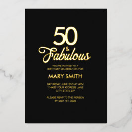 Modern Fifty and Fabulous 50th Birthday Black Gold 箔招待状