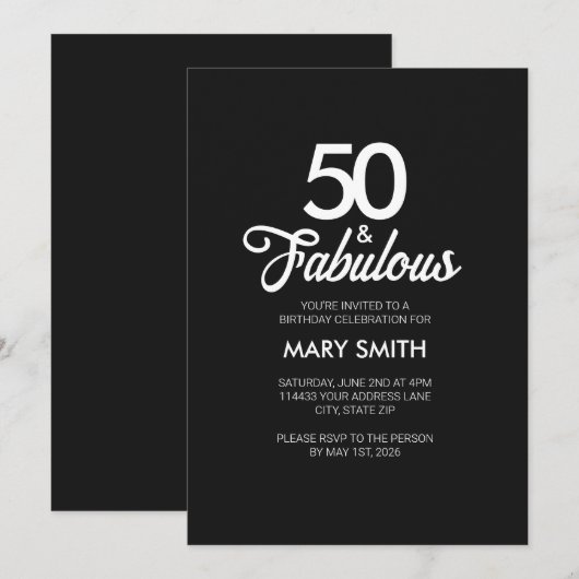 Modern Fifty and Fabulous Black 50th Birthday 招待状 (正面/裏面)
