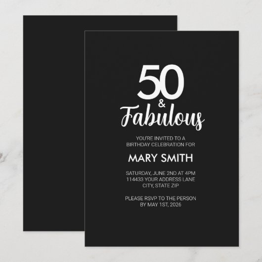 Modern Fifty and Fabulous Black 50th Birthday 招待状 (正面/裏面)