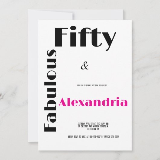 Modern Fifty and Fabulous black pink Birthday 招待状 (正面)