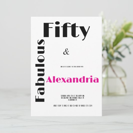 Modern Fifty and Fabulous black pink Birthday 招待状 (スタンド正面)