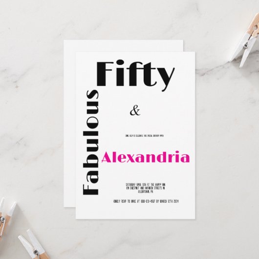 Modern Fifty and Fabulous black pink Birthday 招待状 (正面/裏面インサイチュ)
