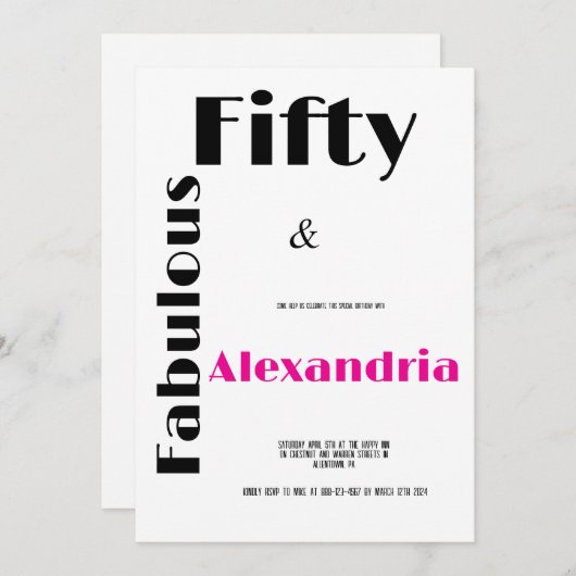 Modern Fifty and Fabulous black pink Birthday 招待状 (正面/裏面)