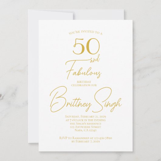 Modern Fifty and Fabulous Gold 50th Birthday Party 招待状 (正面)