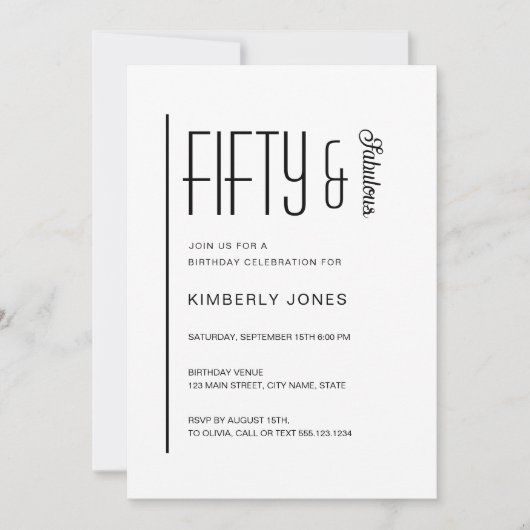Modern Fifty & Fabulous Bold 50th Birthday Party 招待状 (正面)