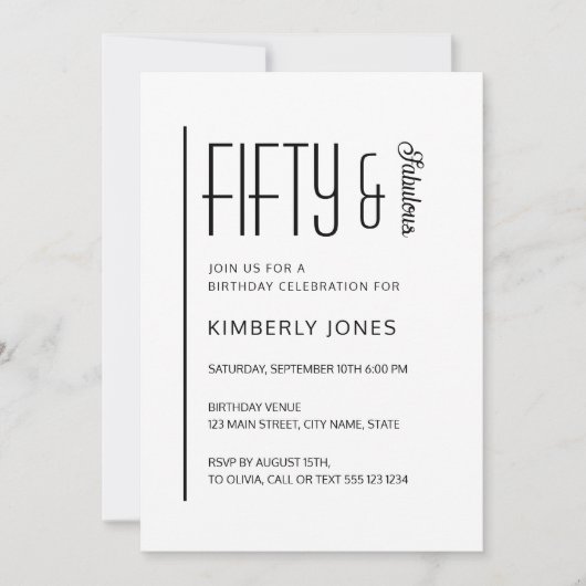 Modern Fifty & Fabulous Bold 50th Birthday Party 招待状 (正面)