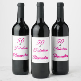 Modern Fifty & Fabulous Bold Pink Script Birthday ワインラベル
