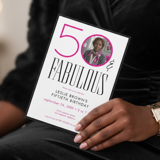 Modern Fifty Fabulous Pink White Photo Birthday 招待状
