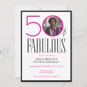 Modern Fifty Fabulous Pink White Photo Birthday 招待状 (正面)