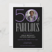 Modern Fifty Fabulous Purple White Photo Birthday 招待状 (正面)