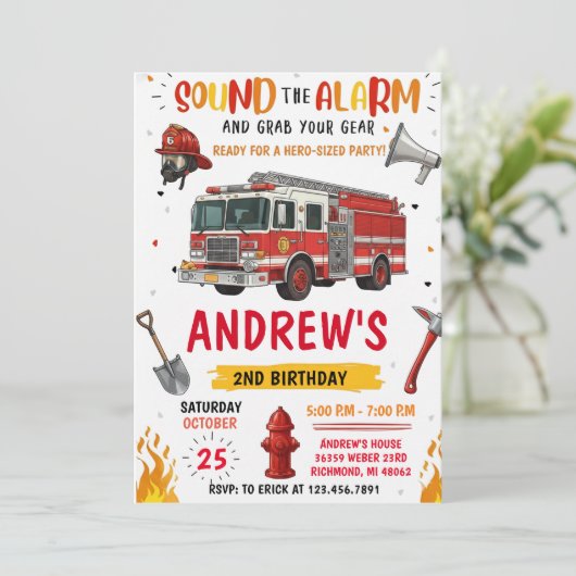 Modern FireFigher truck Birthday with image 招待状 (スタンド正面)