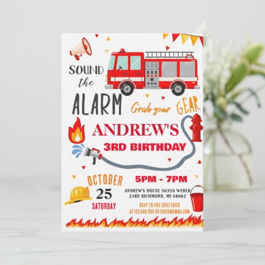 Modern Firefighter Party Birthday For boy 招待状 (スタンド正面)