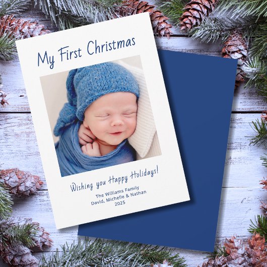 Modern First Christmas Cute Baby Boy Photo  シーズンカード