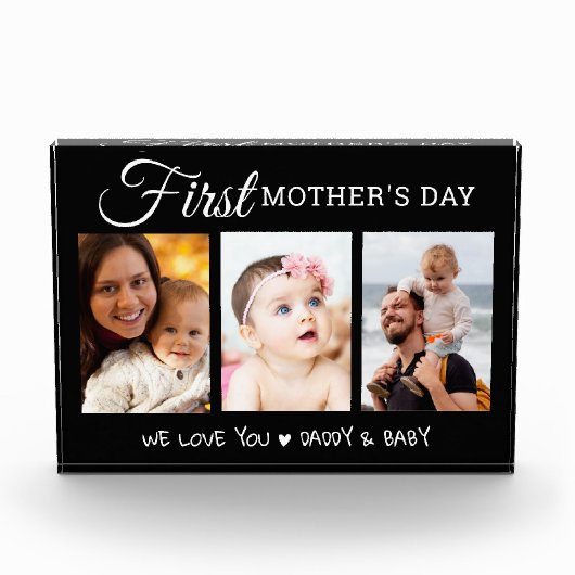 Modern First Mother's Day  3 Picture Collage Black フォトブロック (正面)