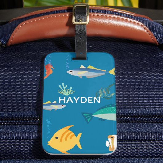 Modern Fish and Seahorse Blue Personalised ラゲッジタグ (正面インサイチュ2)