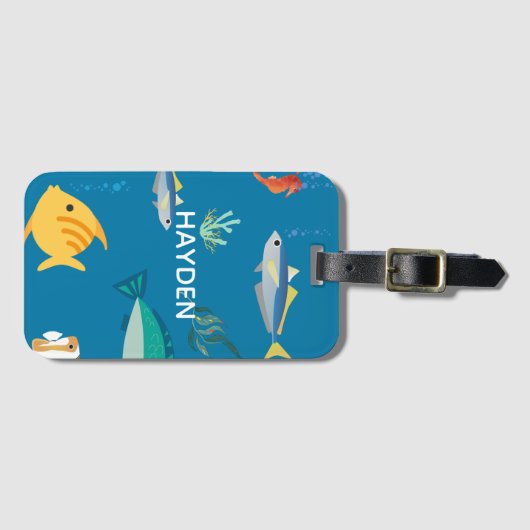 Modern Fish and Seahorse Blue Personalised ラゲッジタグ (正面横)