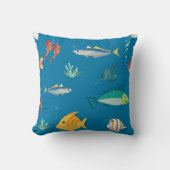 Modern Fish and Seahorse illustrated Pattern Blue クッション (正面)