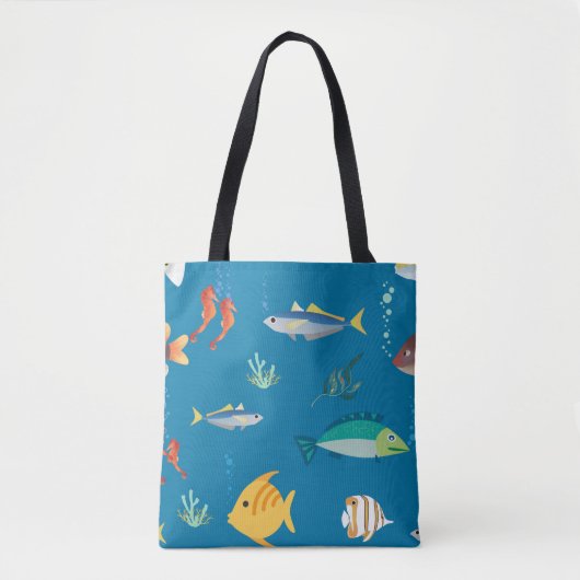 Modern Fish and Seahorse illustrated Pattern Blue トートバッグ (正面)