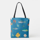 Modern Fish and Seahorse illustrated Pattern Blue トートバッグ (裏面)