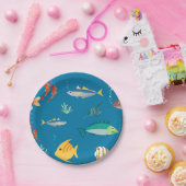 Modern Fish and Seahorse illustrated Pattern Blue ペーパープレート (パーティー)