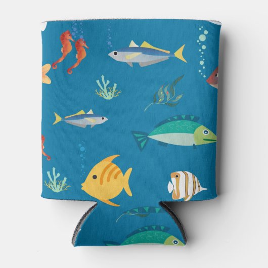 Modern Fish and Seahorse illustrated Pattern Blue 缶クーラー (正面)