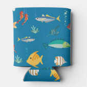 Modern Fish and Seahorse illustrated Pattern Blue 缶クーラー (裏面)