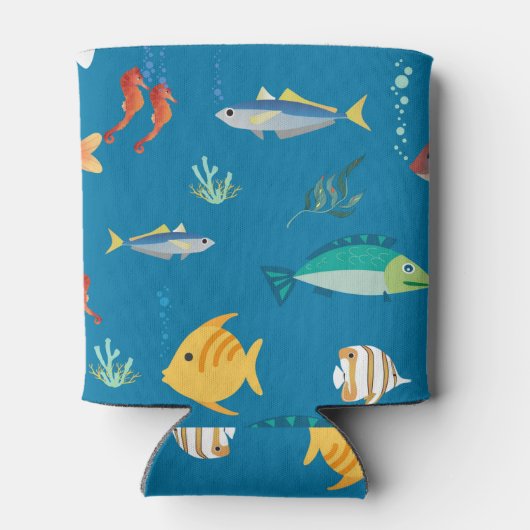 Modern Fish and Seahorse illustrated Pattern Blue 缶クーラー (裏面)