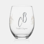 Modern floral Bird Overlay Flowers Monogram weddin ステムなしワイングラス (正面)