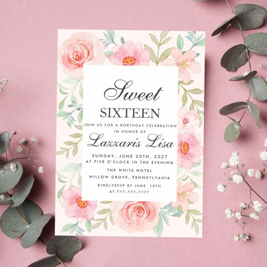 Modern Floral Birthday Gold Party Sweet Sixteen  招待状