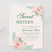 Modern Floral Birthday Green Party Sweet Sixteen  招待状 (正面)