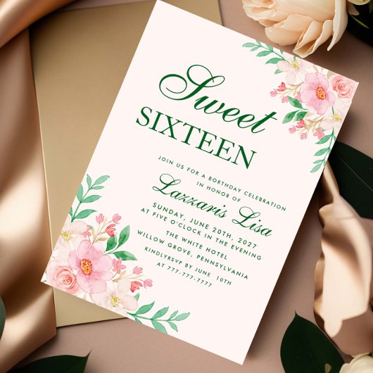 Modern Floral Birthday Green Party Sweet Sixteen  招待状